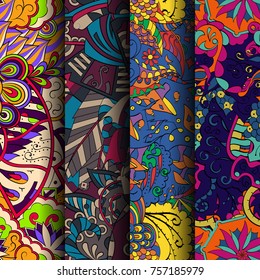 Set of tracery colorful seamless patterns. Vertical stripes. Curved doodling backgrounds for textile or printing with mehndi and ethnic motives. Vector