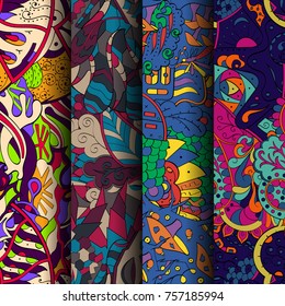 Set of tracery colorful seamless patterns. Vertical stripes. Curved doodling backgrounds for textile or printing with mehndi and ethnic motives. Vector