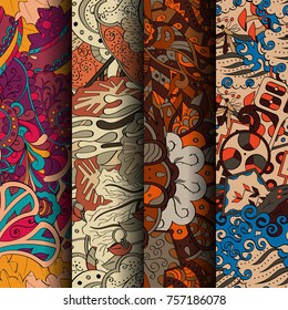 Set of tracery colorful seamless patterns. Vertical stripes. Curved doodling backgrounds for textile or printing with mehndi and ethnic motives. Vector