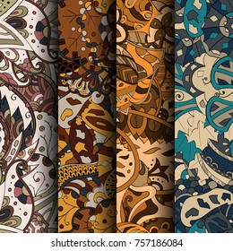 Set of tracery colorful seamless patterns. Vertical stripes. Curved doodling backgrounds for textile or printing with mehndi and ethnic motives. Vector