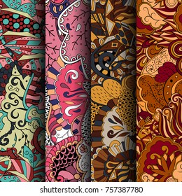 Set of tracery colorful seamless patterns. Vertical stripes. Curved doodling backgrounds for textile or printing with mehndi and ethnic motives. Vector