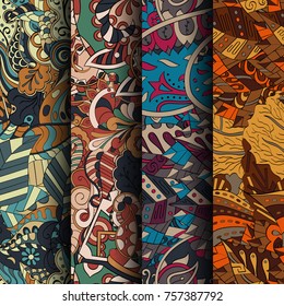 Set of tracery colorful seamless patterns. Vertical stripes. Curved doodling backgrounds for textile or printing with mehndi and ethnic motives. Vector