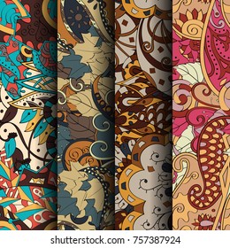 Set of tracery colorful seamless patterns. Vertical stripes. Curved doodling backgrounds for textile or printing with mehndi and ethnic motives. Vector