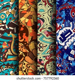 Set of tracery colorful seamless patterns. Vertical stripes. Curved doodling backgrounds for textile or printing with mehndi and ethnic motives. Vector