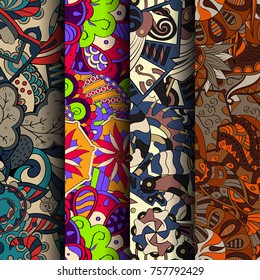 Set of tracery colorful seamless patterns. Vertical stripes. Curved doodling backgrounds for textile or printing with mehndi and ethnic motives. Vector