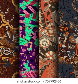 Set of tracery colorful seamless patterns. Vertical stripes. Curved doodling backgrounds for textile or printing with mehndi and ethnic motives. Vector