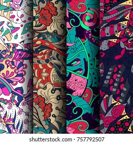 Set of tracery colorful seamless patterns. Vertical stripes. Curved doodling backgrounds for textile or printing with mehndi and ethnic motives. Vector