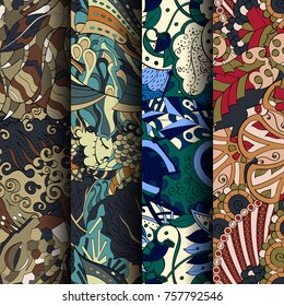 Set of tracery colorful seamless patterns. Vertical stripes. Curved doodling backgrounds for textile or printing with mehndi and ethnic motives. Vector