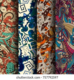 Set of tracery colorful seamless patterns. Vertical stripes. Curved doodling backgrounds for textile or printing with mehndi and ethnic motives. Vector