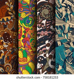 Set of tracery colorful seamless patterns. Vertical stripes. Curved doodling backgrounds for textile or printing with mehndi and ethnic motives. Vector