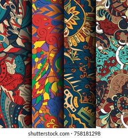 Set of tracery colorful seamless patterns. Vertical stripes. Curved doodling backgrounds for textile or printing with mehndi and ethnic motives. Vector