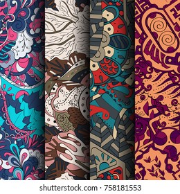 Set of tracery colorful seamless patterns. Vertical stripes. Curved doodling backgrounds for textile or printing with mehndi and ethnic motives. Vector