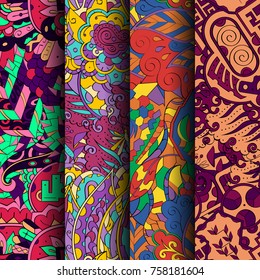 Set of tracery colorful seamless patterns. Vertical stripes. Curved doodling backgrounds for textile or printing with mehndi and ethnic motives. Vector