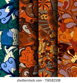 Set of tracery colorful seamless patterns. Vertical stripes. Curved doodling backgrounds for textile or printing with mehndi and ethnic motives. Vector