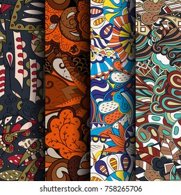 Set of tracery colorful seamless patterns. Vertical stripes. Curved doodling backgrounds for textile or printing with mehndi and ethnic motives. Vector
