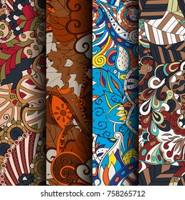 Set of tracery colorful seamless patterns. Vertical stripes. Curved doodling backgrounds for textile or printing with mehndi and ethnic motives. Vector