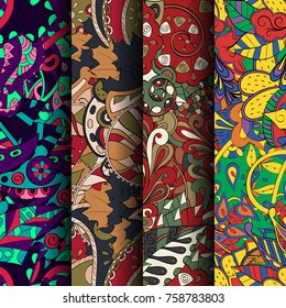 Set of tracery colorful seamless patterns. Vertical stripes. Curved doodling backgrounds for textile or printing with mehndi and ethnic motives. Vector