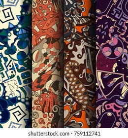Set of tracery colorful seamless patterns. Vertical stripes. Curved doodling backgrounds for textile or printing with mehndi and ethnic motives. Vector
