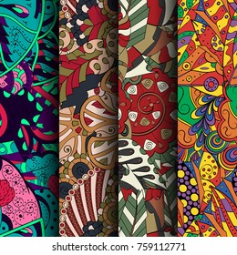 Set of tracery colorful seamless patterns. Vertical stripes. Curved doodling backgrounds for textile or printing with mehndi and ethnic motives. Vector