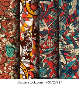Set of tracery colorful seamless patterns. Vertical stripes. Curved doodling backgrounds for textile or printing with mehndi and ethnic motives. Vector