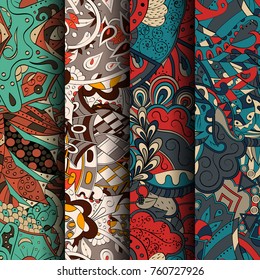Set of tracery colorful seamless patterns. Vertical stripes. Curved doodling backgrounds for textile or printing with mehndi and ethnic motives. Vector