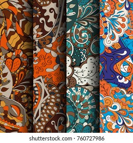 Set of tracery colorful seamless patterns. Vertical stripes. Curved doodling backgrounds for textile or printing with mehndi and ethnic motives. Vector