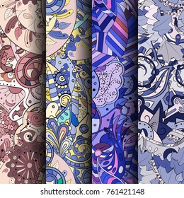 Set of tracery colorful seamless patterns. Vertical stripes. Curved doodling backgrounds for textile or printing with mehndi and ethnic motives. Vector