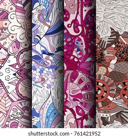 Set of tracery colorful seamless patterns. Vertical stripes. Curved doodling backgrounds for textile or printing with mehndi and ethnic motives. Vector
