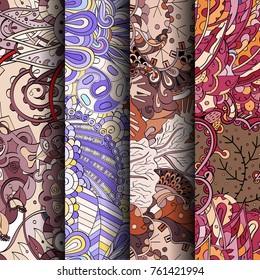 Set of tracery colorful seamless patterns. Vertical stripes. Curved doodling backgrounds for textile or printing with mehndi and ethnic motives. Vector