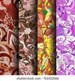 Set of tracery colorful seamless patterns. Vertical stripes. Curved doodling backgrounds for textile or printing with mehndi and ethnic motives. Vector