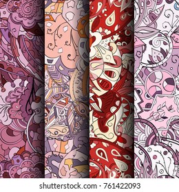 Set of tracery colorful seamless patterns. Vertical stripes. Curved doodling backgrounds for textile or printing with mehndi and ethnic motives. Vector