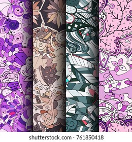 Set of tracery colorful seamless patterns. Vertical stripes. Curved doodling backgrounds for textile or printing with mehndi and ethnic motives. Vector