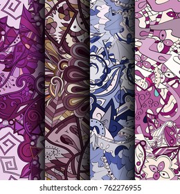 Set of tracery colorful seamless patterns. Vertical stripes. Curved doodling backgrounds for textile or printing with mehndi and ethnic motives. Vector