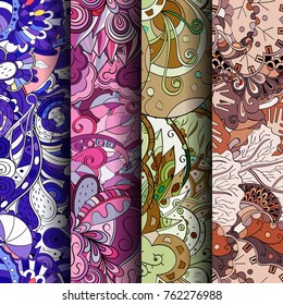 Set of tracery colorful seamless patterns. Vertical stripes. Curved doodling backgrounds for textile or printing with mehndi and ethnic motives. Vector