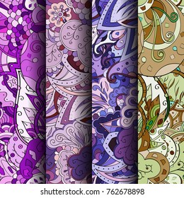 Set of tracery colorful seamless patterns. Vertical stripes. Curved doodling backgrounds for textile or printing with mehndi and ethnic motives. Vector