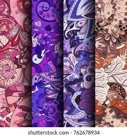Set of tracery colorful seamless patterns. Vertical stripes. Curved doodling backgrounds for textile or printing with mehndi and ethnic motives. Vector