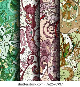 Set of tracery colorful seamless patterns. Vertical stripes. Curved doodling backgrounds for textile or printing with mehndi and ethnic motives. Vector