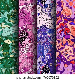 Set of tracery colorful seamless patterns. Vertical stripes. Curved doodling backgrounds for textile or printing with mehndi and ethnic motives. Vector