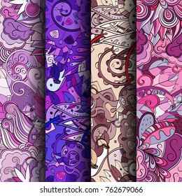 Set of tracery colorful seamless patterns. Vertical stripes. Curved doodling backgrounds for textile or printing with mehndi and ethnic motives. Vector