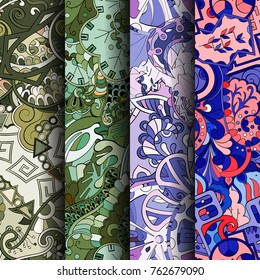 Set of tracery colorful seamless patterns. Vertical stripes. Curved doodling backgrounds for textile or printing with mehndi and ethnic motives. Vector