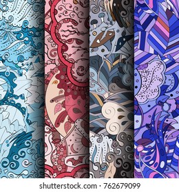 Set of tracery colorful seamless patterns. Vertical stripes. Curved doodling backgrounds for textile or printing with mehndi and ethnic motives. Vector