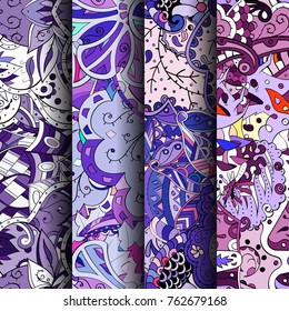 Set of tracery colorful seamless patterns. Vertical stripes. Curved doodling backgrounds for textile or printing with mehndi and ethnic motives. Vector