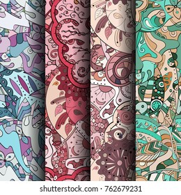 Set of tracery colorful seamless patterns. Vertical stripes. Curved doodling backgrounds for textile or printing with mehndi and ethnic motives. Vector