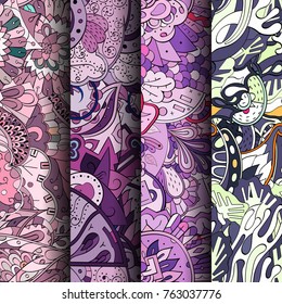 Set of tracery colorful seamless patterns. Vertical stripes. Curved doodling backgrounds for textile or printing with mehndi and ethnic motives. Vector