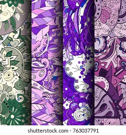 Set of tracery colorful seamless patterns. Vertical stripes. Curved doodling backgrounds for textile or printing with mehndi and ethnic motives. Vector