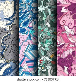 Set of tracery colorful seamless patterns. Vertical stripes. Curved doodling backgrounds for textile or printing with mehndi and ethnic motives. Vector