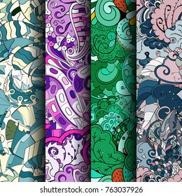 Set of tracery colorful seamless patterns. Vertical stripes. Curved doodling backgrounds for textile or printing with mehndi and ethnic motives. Vector