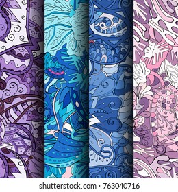 Set of tracery colorful seamless patterns. Vertical stripes. Curved doodling backgrounds for textile or printing with mehndi and ethnic motives. Vector