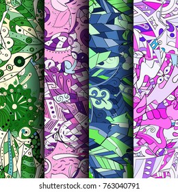 Set of tracery colorful seamless patterns. Vertical stripes. Curved doodling backgrounds for textile or printing with mehndi and ethnic motives. Vector