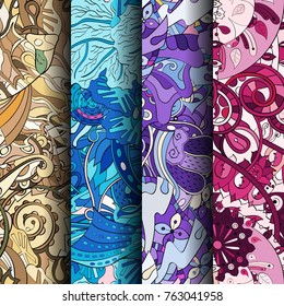 Set of tracery colorful seamless patterns. Vertical stripes. Curved doodling backgrounds for textile or printing with mehndi and ethnic motives. Vector